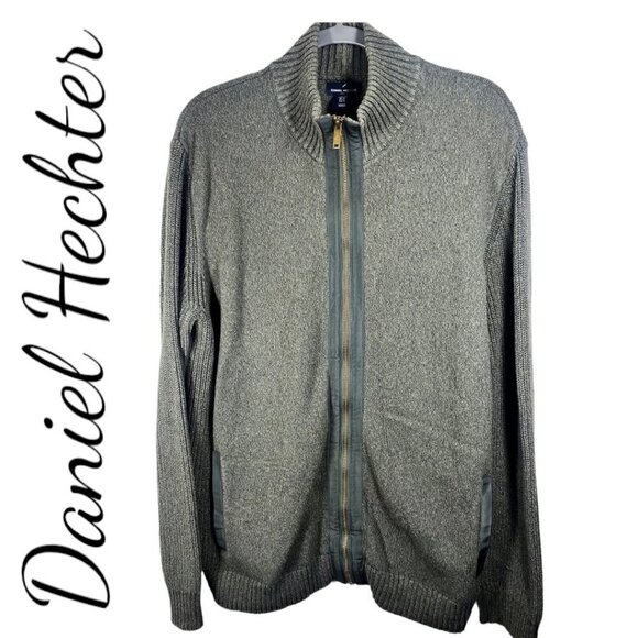 DANIEL HECHTER PARIS 100% Cotton Pine Green Mock Neck Zip Front Cardigan, XL - Picture 1 of 9